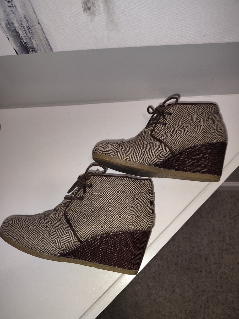 TOMS Desert Wedge Ankle Boots Geometric Print Brown Tan Size 7